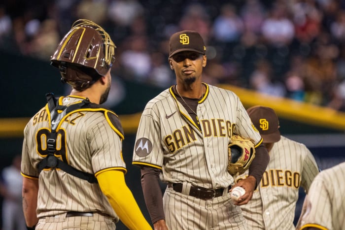 Aug 11, 2023; Phoenix, Arizona, USA; San Diego Padres pitcher Ray Kerr (56) on the mound in the eighth inning against the Arizona Diamondbacks at Chase Field. Mandatory Credit: Allan Henry-USA TODAY Sports